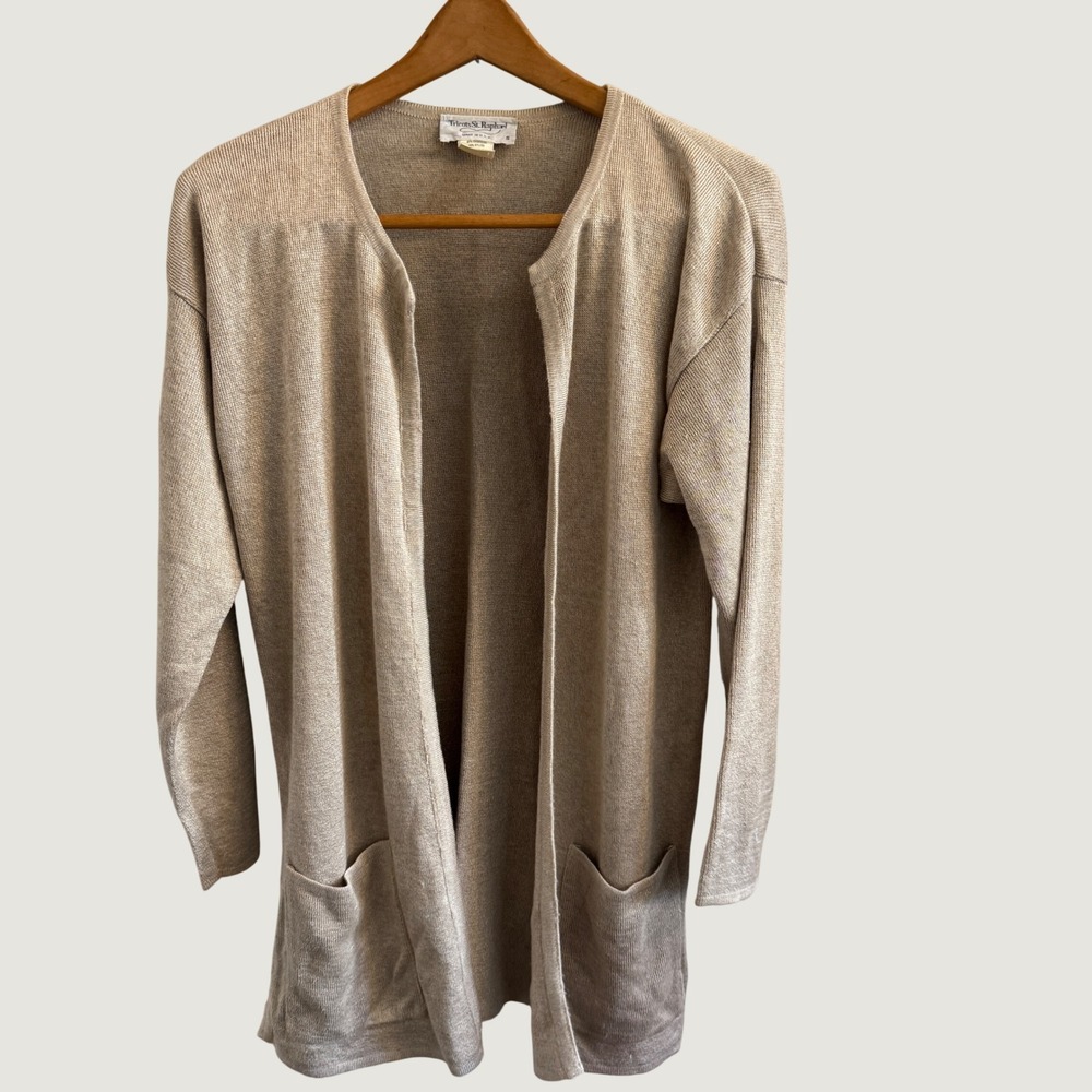 Vintage Tricots St. Raphael Linen Cardigan Beige Open Front ILGWU USA Small